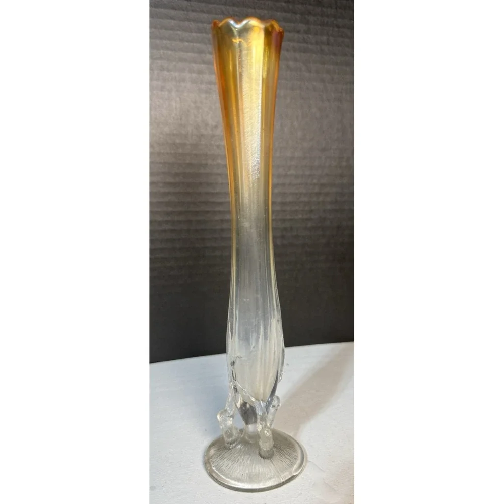 ATQ‎ Dugan Carnival Glass Bud Vase Clear to Marigold w/Twig Branch Base 9.25